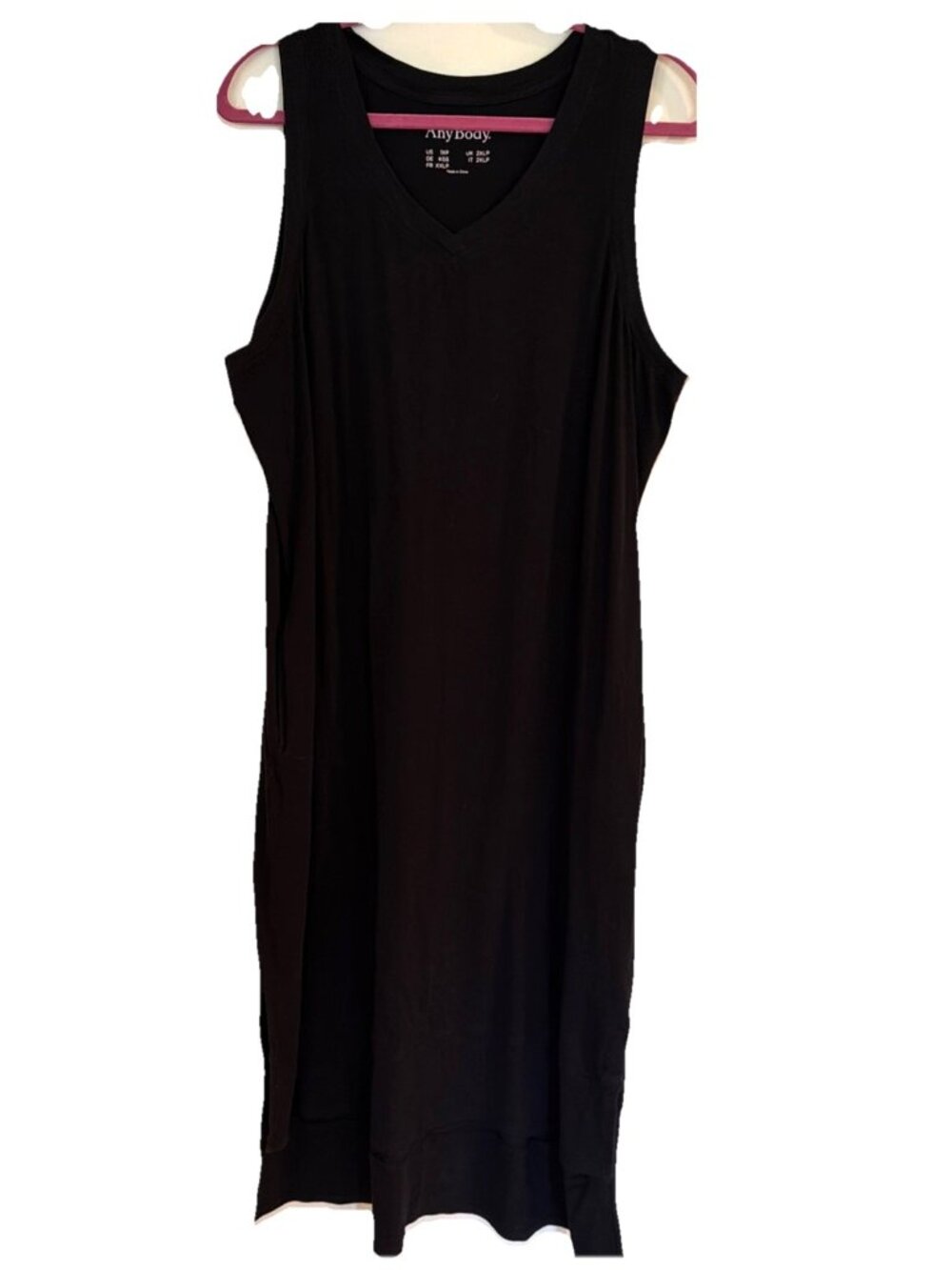 Any Body Black V Neck Midi Sleeveless Dress Hi Low Hem Slits Women’s Sz 1X/P